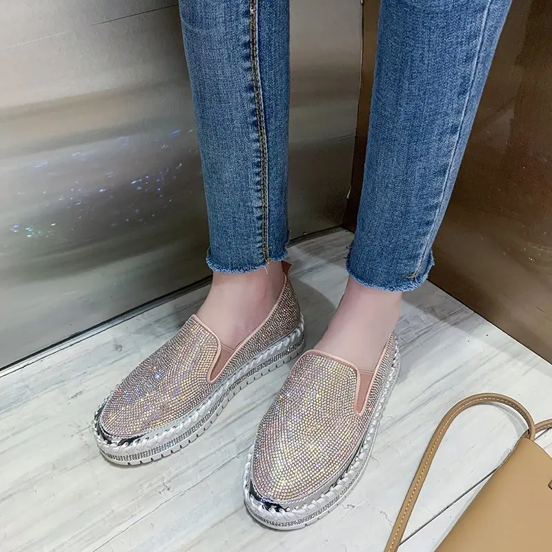 Shoes Woman 2024 Female Footwear Slip-on Crystal Casual Sneaker Round Toe Clogs Platform Modis New Dress Slip On Rhinestone Summ