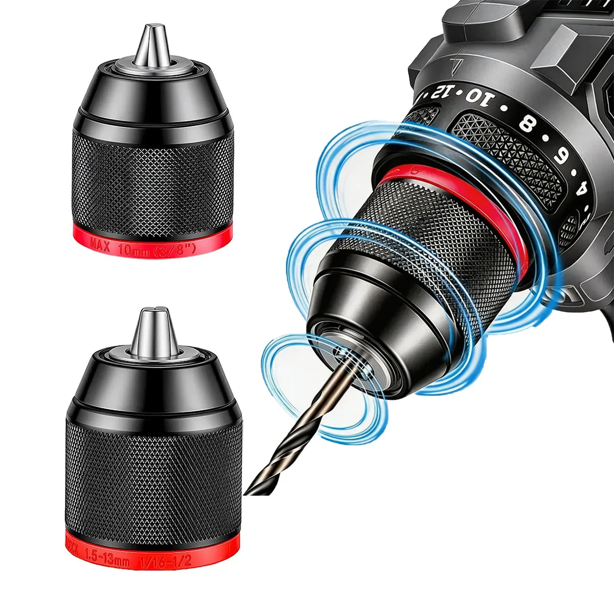 Metall-Schnellspannbohrfutter in Industriequalität, 3-Backen-Ratschen-Selbstspannbohrfutter, 0,8–13 mm, für elektrische Schlagbohrmaschinen und Elektrowerkzeuge