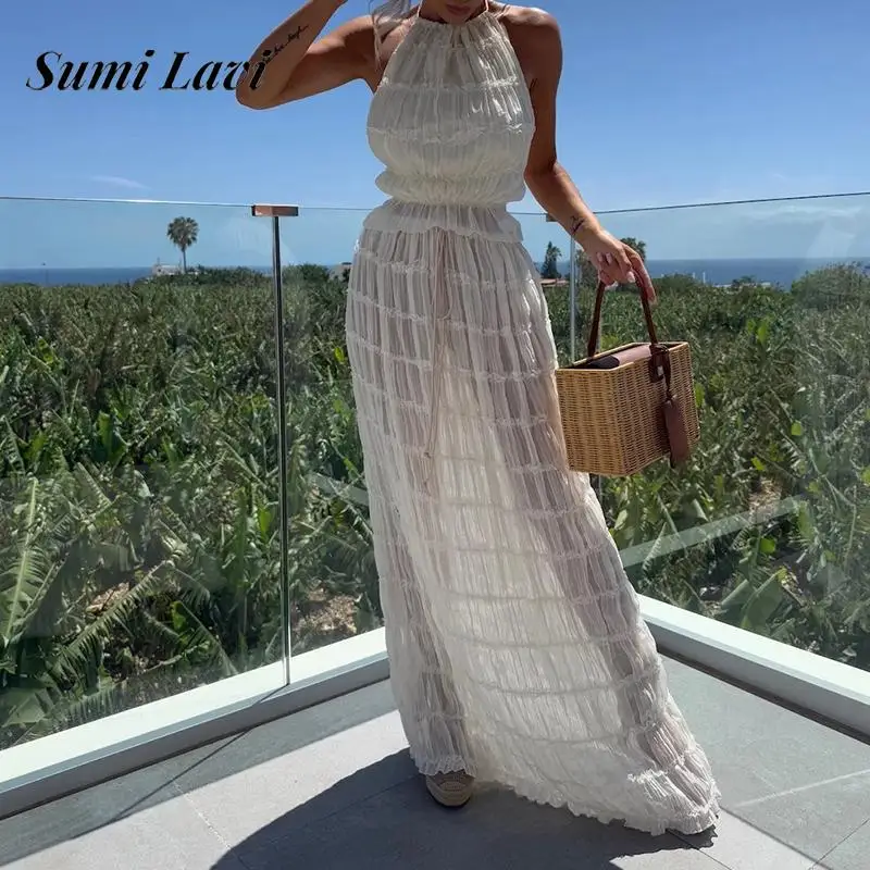 

Sexy Halter Lace-up Top & Long Skirt Set Women Elegant Mesh Pleated Chiffon Outfits Fashion Backless Hollow Out Solid 2Pc Suits