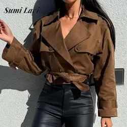 Elegant Lapel Double Breasted Short Jacket Winter Women Fashion Lace-up Waist Solid Outerwear Fall Casual Long Sleeve Slim Coats