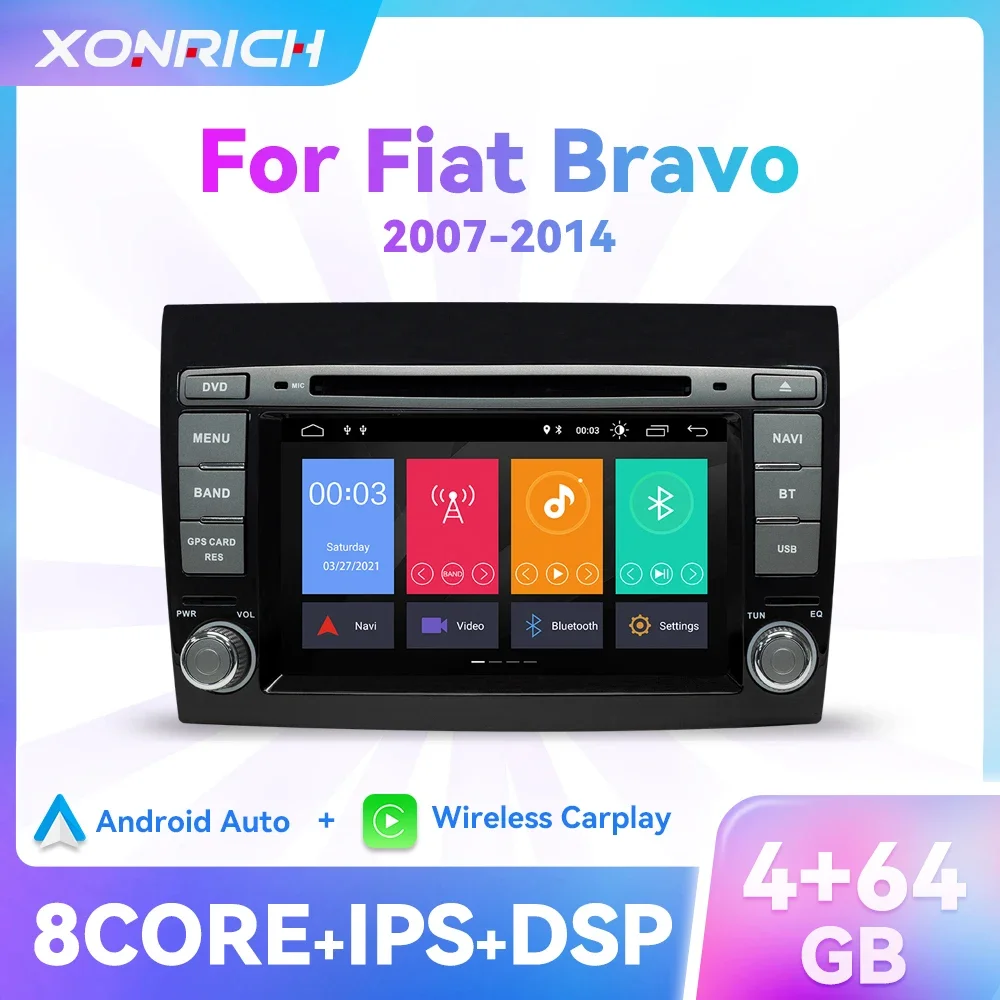 2 Din Carplay Android 14 Car DVD Player For Fiat Bravo 2007 2008 2009 2010 2011 2012 4GB Auto Radio DSP IPS GPS Navigation RDS