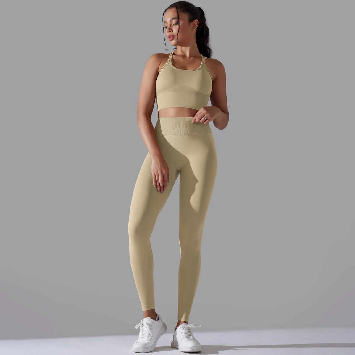 Gebürstetes Yoga-Set für Damen, 2-teilig, Workout, Sportbekleidung, überkreuzter Rücken, Sport-BH, hohe Taille, Leggings, Fitnessstudio, Kleidung, Sportanzüge – Detail 39