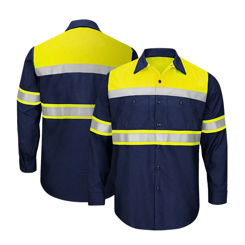 Two Tone Short Sleeve Safety Work shirt Reflective Workwear 100% Cotton Yellow Navy Safety Shirts With Hi Vis Tapes