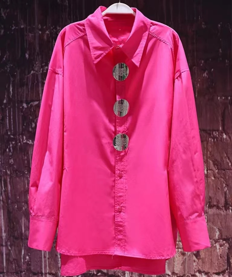 New In Autumn 2024 Rose Red Mid Length Oversized Cotton Shirts For Women Lantern Sleeve Buttons Up Blouses Tops Korean Popular