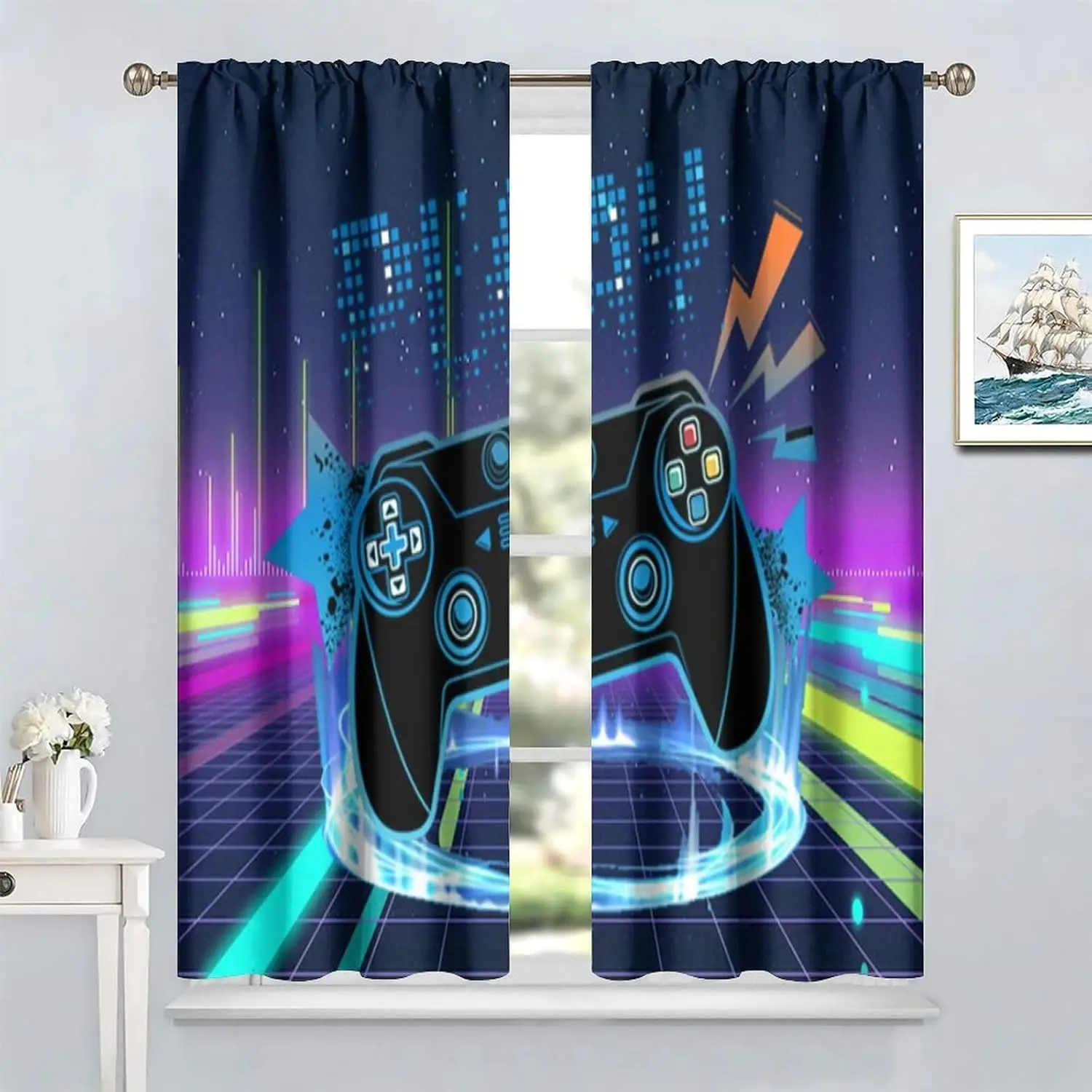2 Panels Neon Game Controller Blackout Curtains Retro Grid Cyber Space Print Drapes Teen Boys Gaming Room Bedroom Window Decor