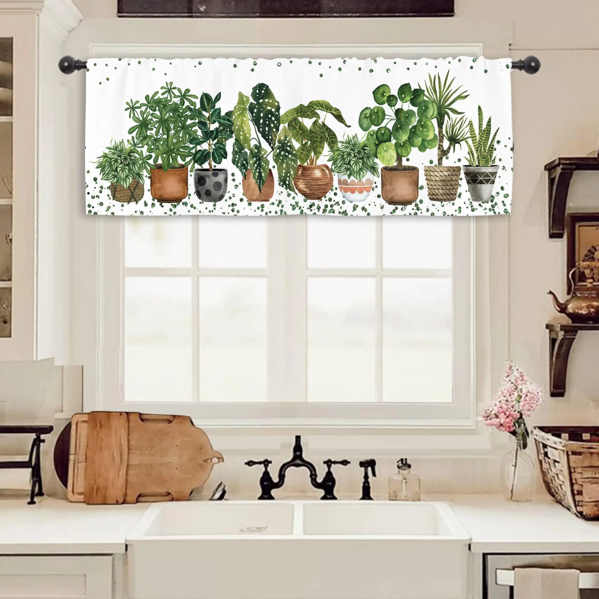 Green Plant Botanical Kitchen Curtain Valance Rod Pocket Nature Potted Tropical Window Treatment Living Room Bedroom Bathroom