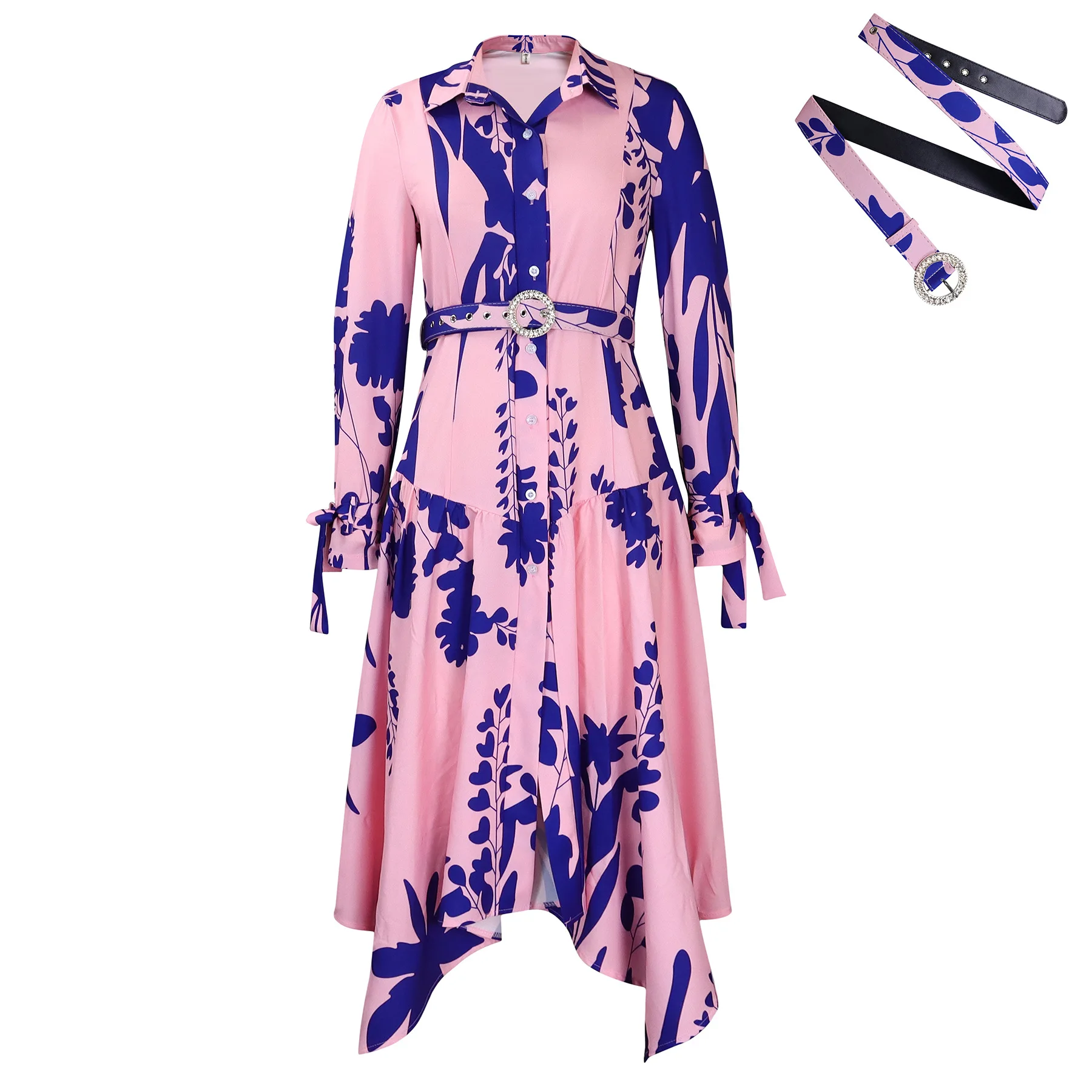 2024 Summer New Fashionable Temperament Printed Lapel Long Sleeved Irregular Skirt Printed European and American Dress