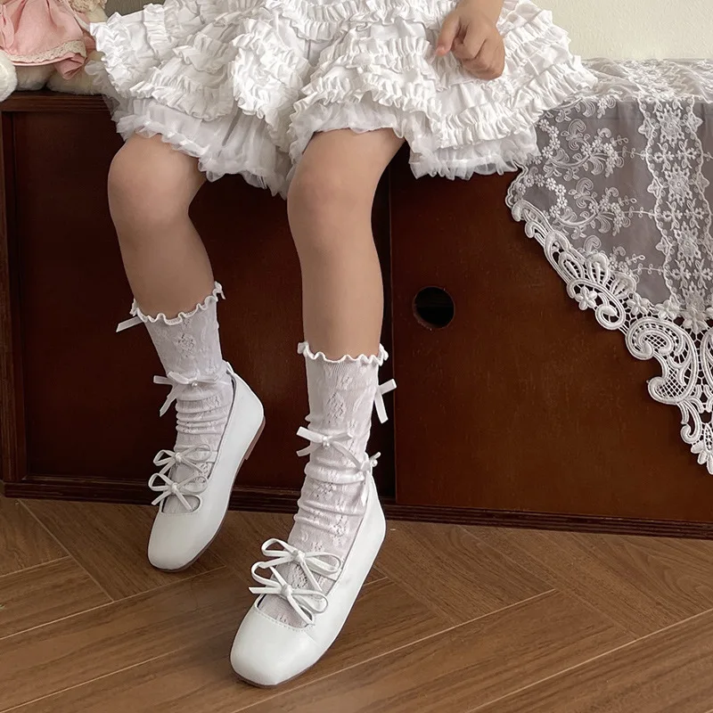 

Summer Thin Girls Socks Sweet Cute Calf Sock Kids Girls Fashion Solid Color Bow Children's Sock Soft Breathable Mesh School Sock