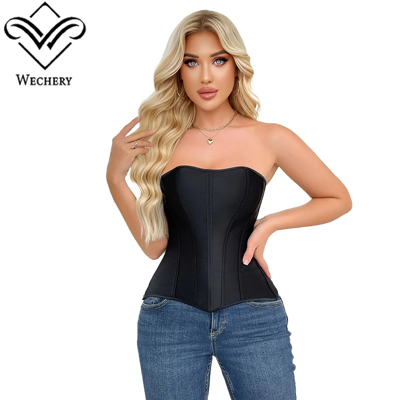 Wechery Vintage Style Woman Clothes Slimming Body Push Up Corset Satin Solid Color Strapless Top
