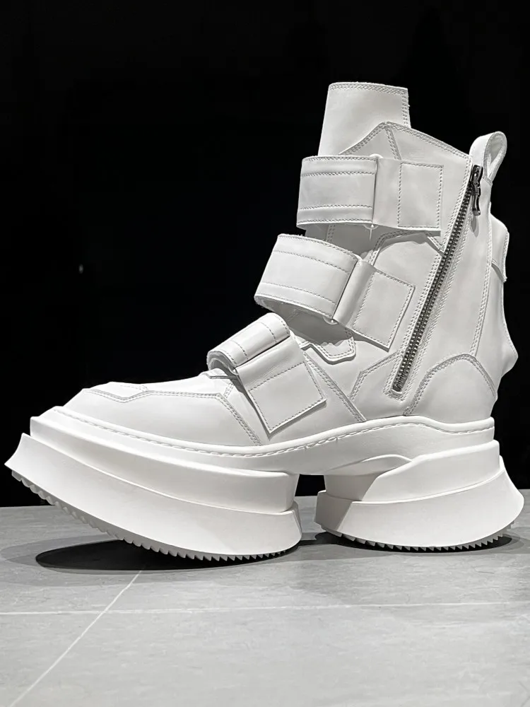 Mens Boots Hook Loop Hip Hop Genuine Leather Platform High Top Shoes Cowhide Round Toe Fashion Handmade Motorcycle Short Boots