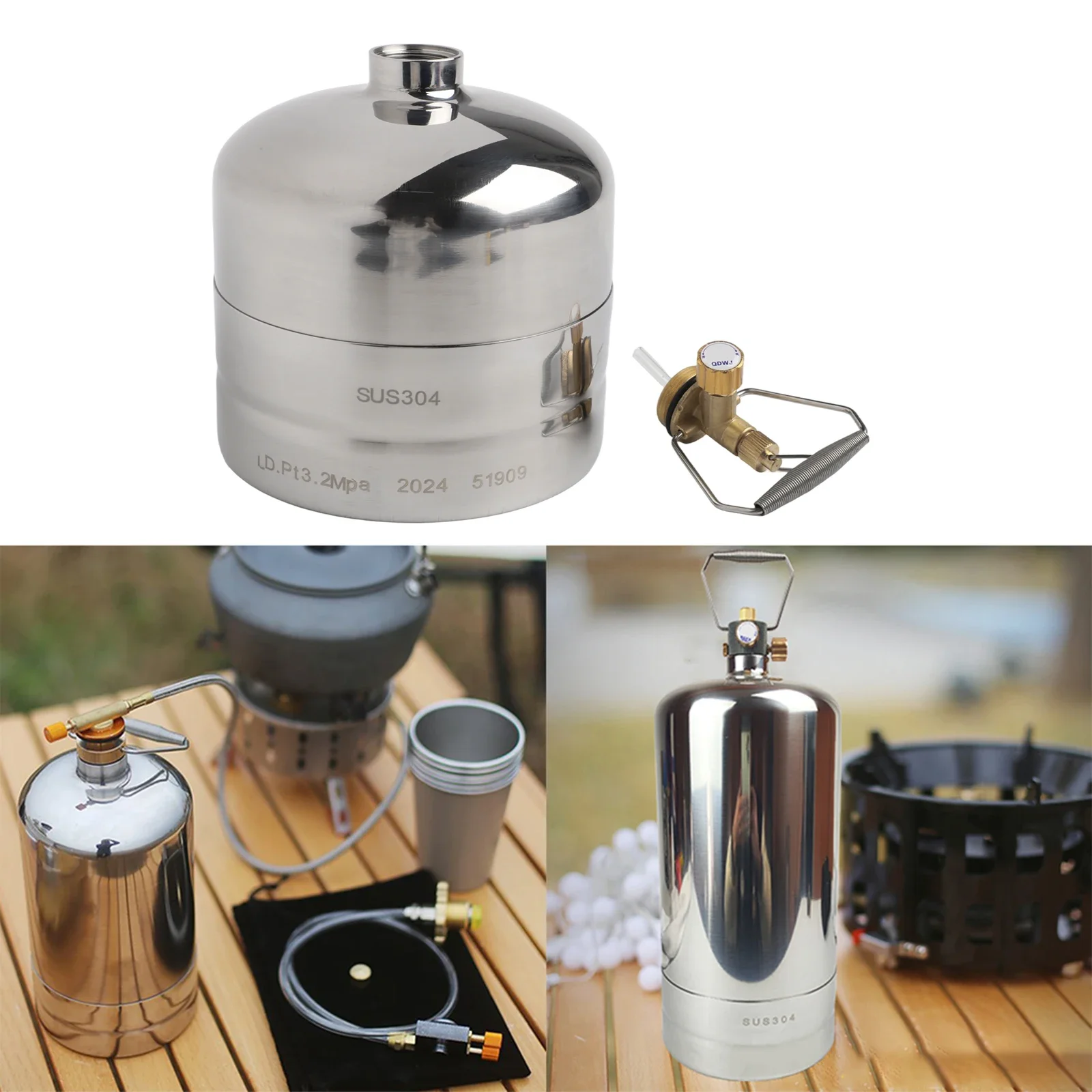 

1pc Camping Gas Cylinder 1.35/1.4/2.2/3/4L Stainless Steel Portable Empty Refillable Gas Tank With Double Valve Switch