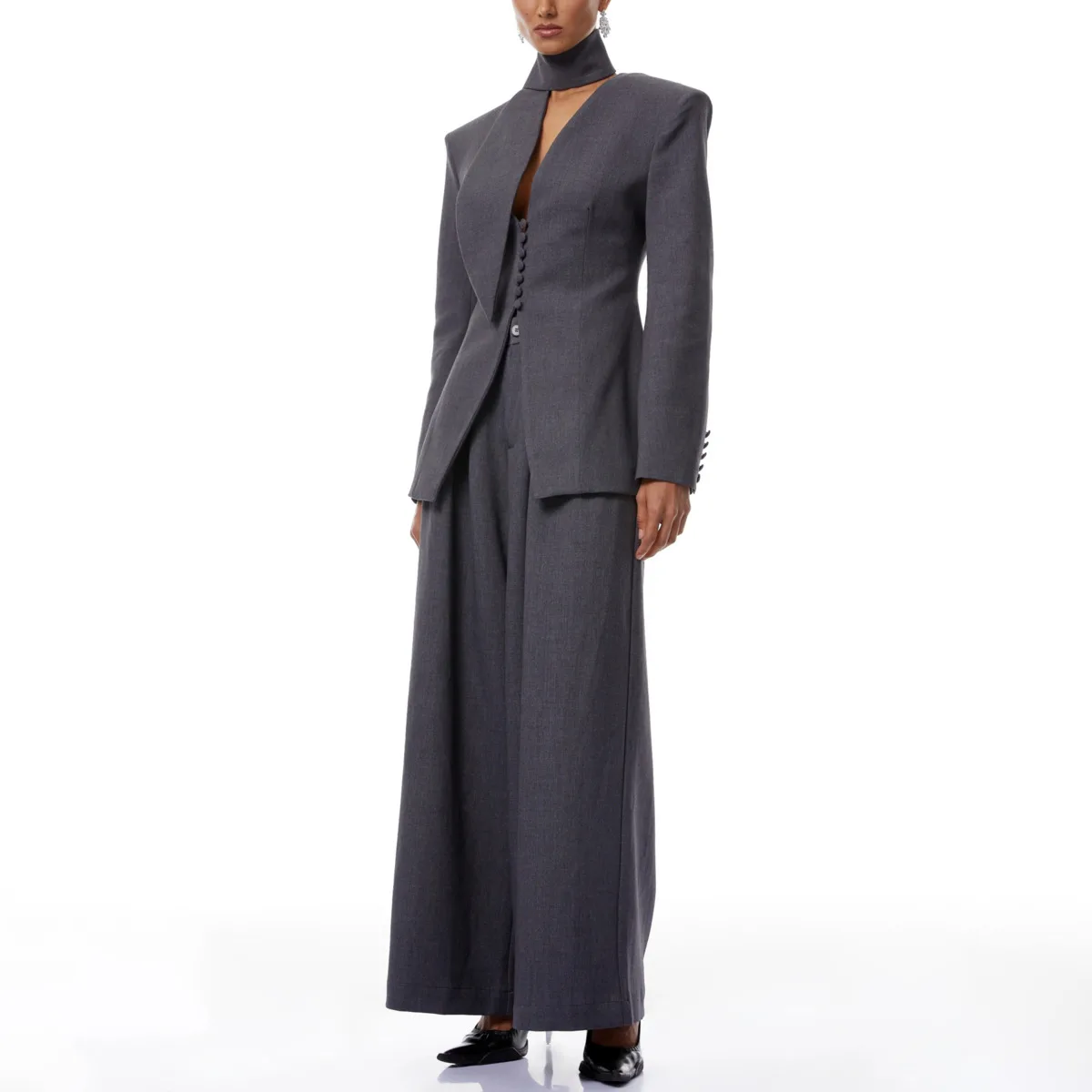 VTKW 2026 New Women Two Piece Suit Halter Neck Blazer Fitted Waist Peplum Hem High Waist Wide Leg Trousers Office Outfit - view 3