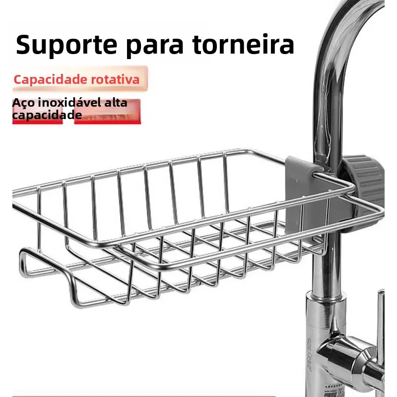 Cesto de Drenagem para Torneira de Cozinha em Aço Inoxidável, Sem Necessidade de Furação, Prateleira de Armazenamento, Suport...