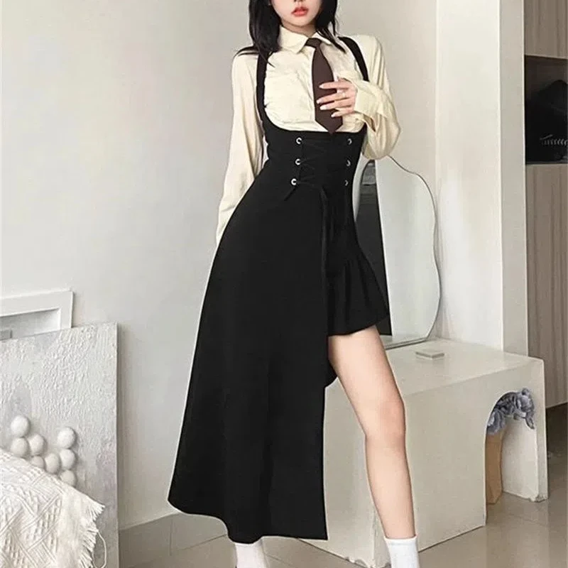 Korean Retro College Style Irregular Waist Cinching Slimming Suspender Dress Long Sleeved Shirt Two-piece Set