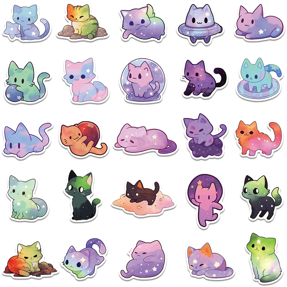 50pcs Vinyl Laptop Decals Kawaii Cartoon Starry Sky Cats Stickers For Laptop Water Bottle Luggage Dairy Waterproof Graffiti