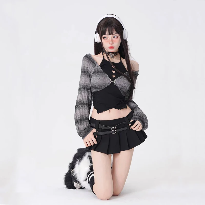 2024 Spring Autumn Two Pieces Skirt Set Women Y2k Crop Tops T-shirt + Short Skirt Japanese Kawaii Fashion Suits Chic New Korean