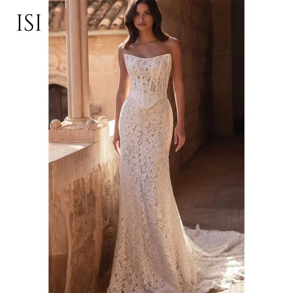 Vestido de Novia Sirena de Encaje Exquisito Personalizado ISI, 2 Piezas, Corsé sin Tirantes, Cola Barrida, Vestido de Novia 2026 Verano