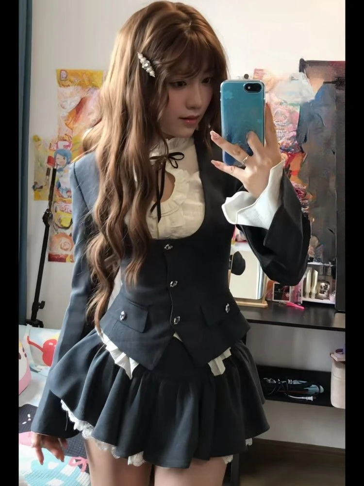 American 2000s Gothic Retro 3 Piece Sets Women Chic Coat + White Shirt + Fluffy Skirts New High Street Harajuku Vintage Outfits - Image 2