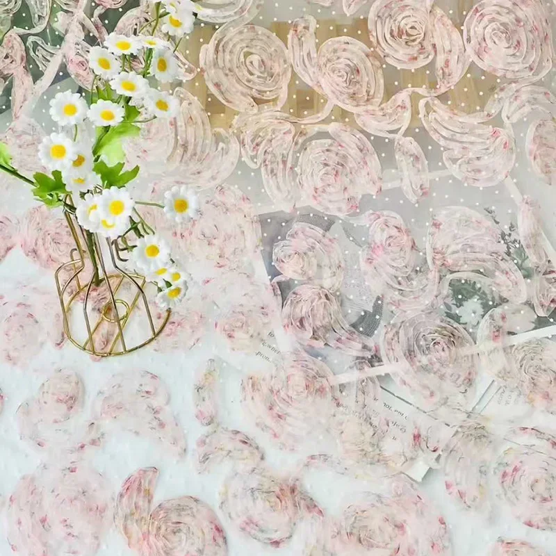 

Elegant 3D rose flower net yarn embroidered polka dot lace sheer fabric used for wedding dress designer fabric by the yard