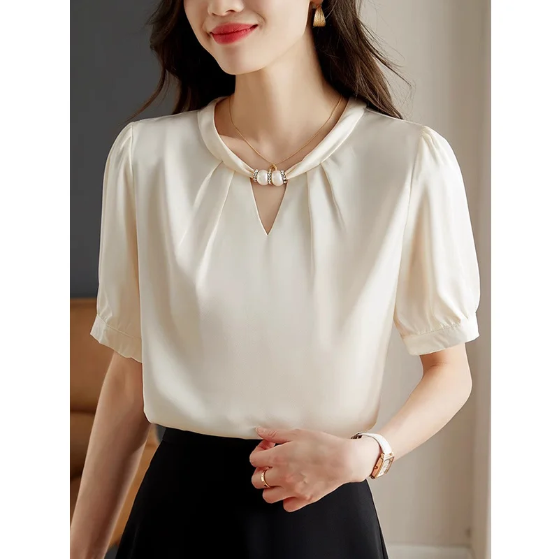 เสื้อแขนสั้นสตรี Poplin Patchwork Pintuck เสื้อหลวม College Class Minimalist Preppy Art นักเรียนอ่อนเยาว์ Girlish