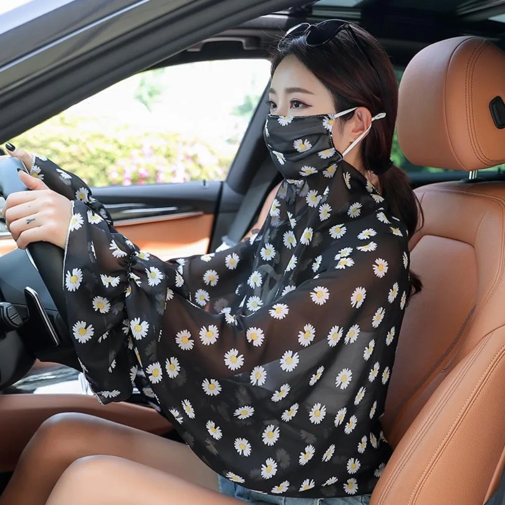 

Cooling Sleeves Summer Sunscreen Sleeves Transparent Long Sleeve Flower Arm Sleeves With Mask Veil Floral Women Chiffon Shawls