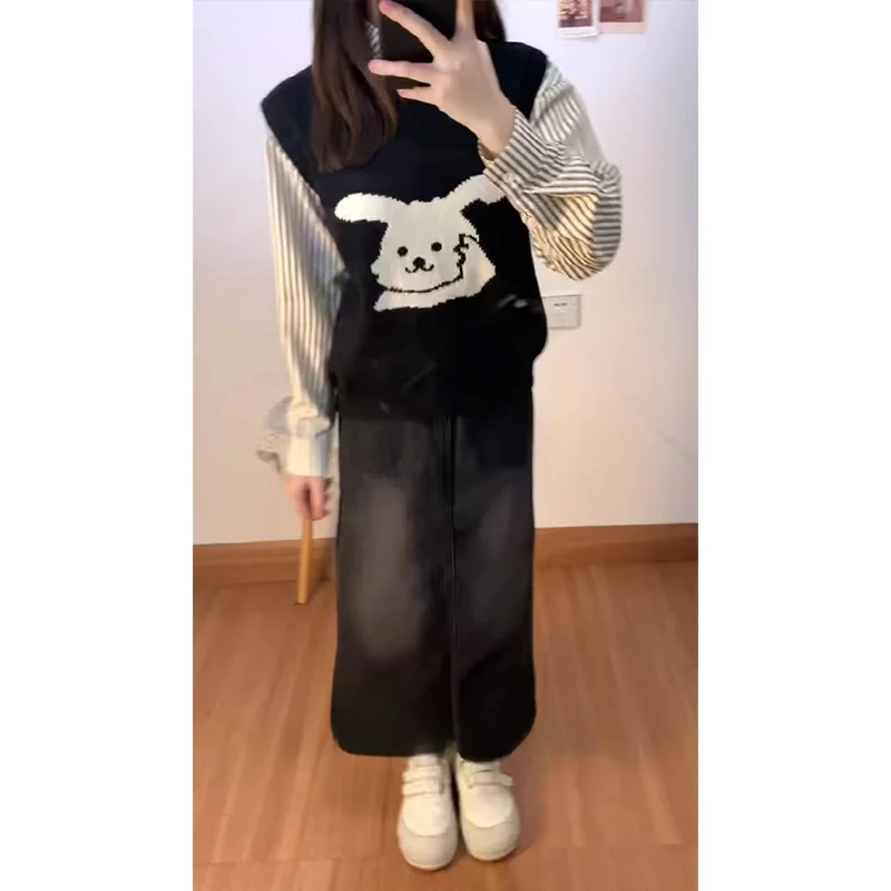 

Зимний вязаный кардиган и джинсовая юбка: комплект из двух предметов в корейском стиле для женщин, модный ансамбль для осенне-зимнего сезона