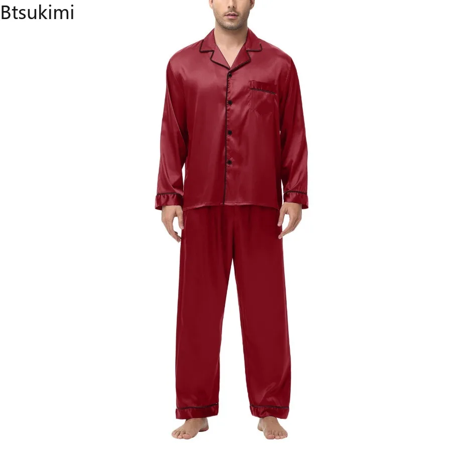 Men Pajamas Set Silk Satin Sleepwear for Man Shirt Long Sleeve Pijama Male Fashion Soft Loungewear S-2XL Size Spring Nightwear