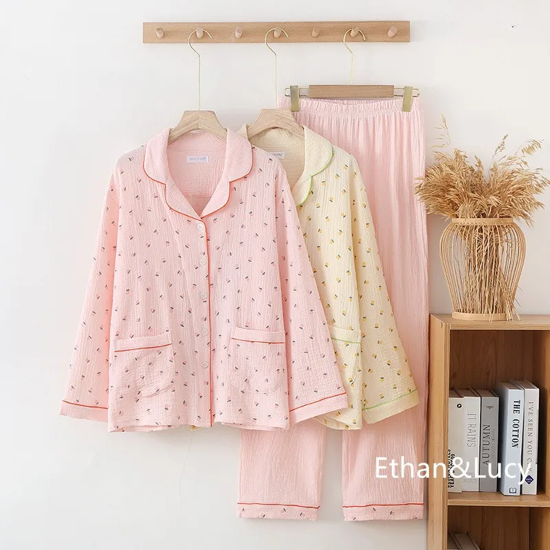 spring-autumn-women's-pajama-sets-100-cotton-crepe-long-sleeves-pants-two-piece-set-ladies-shirt-collar-pajama-home-furnishing