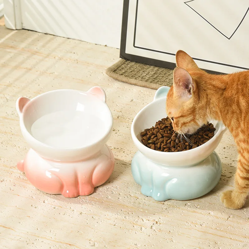 Creative Gradient Ceramic Cat Bowl, Pet Cat Food Drinking Bowl, Pet Supplies Dog Food Bowl, Slanted Mouth High Bowl