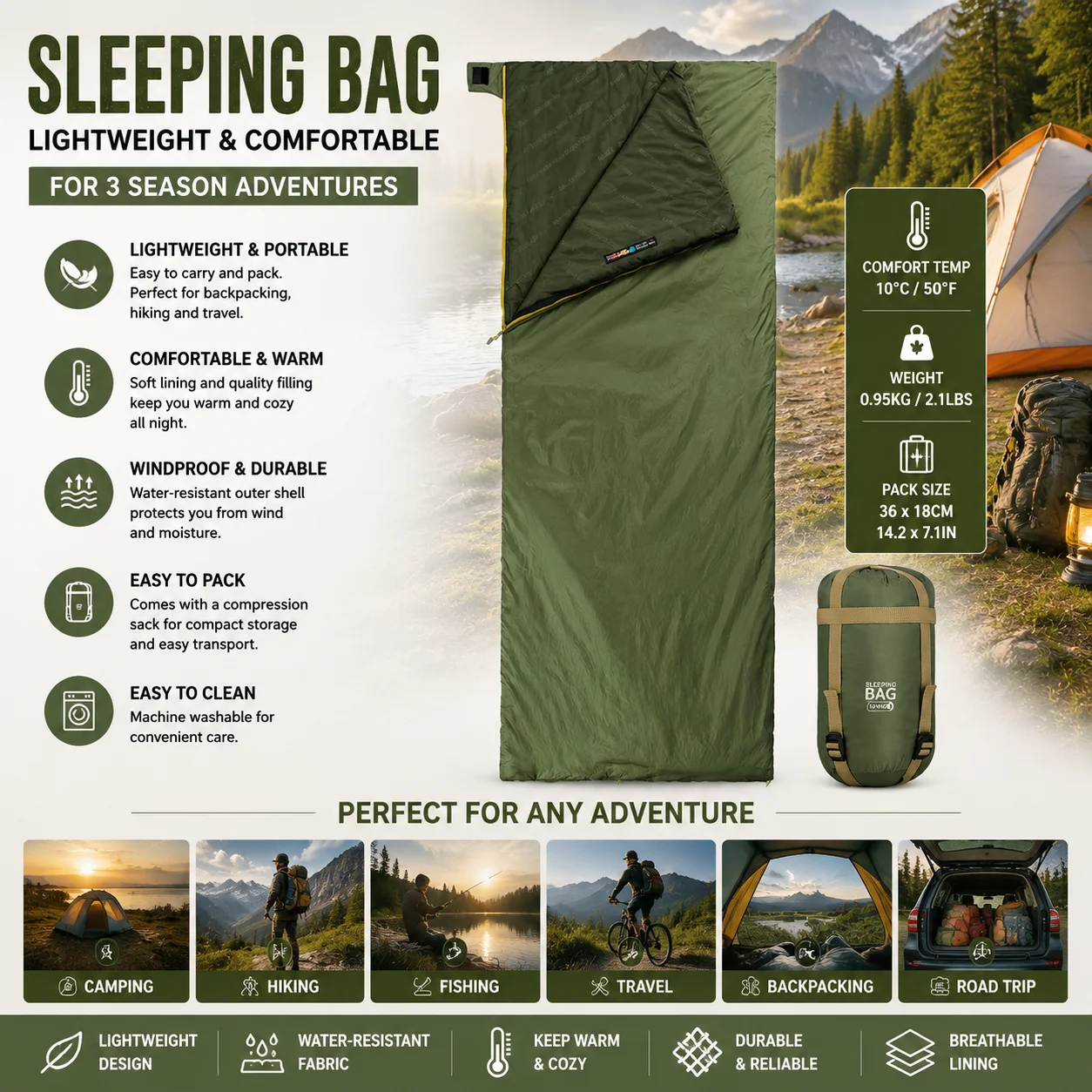 LW180 Lightweight Three Season Sleeping Bag Outdoor Hiking Camping Sleeping Bag Spring Summer Travel Backpacking Gear