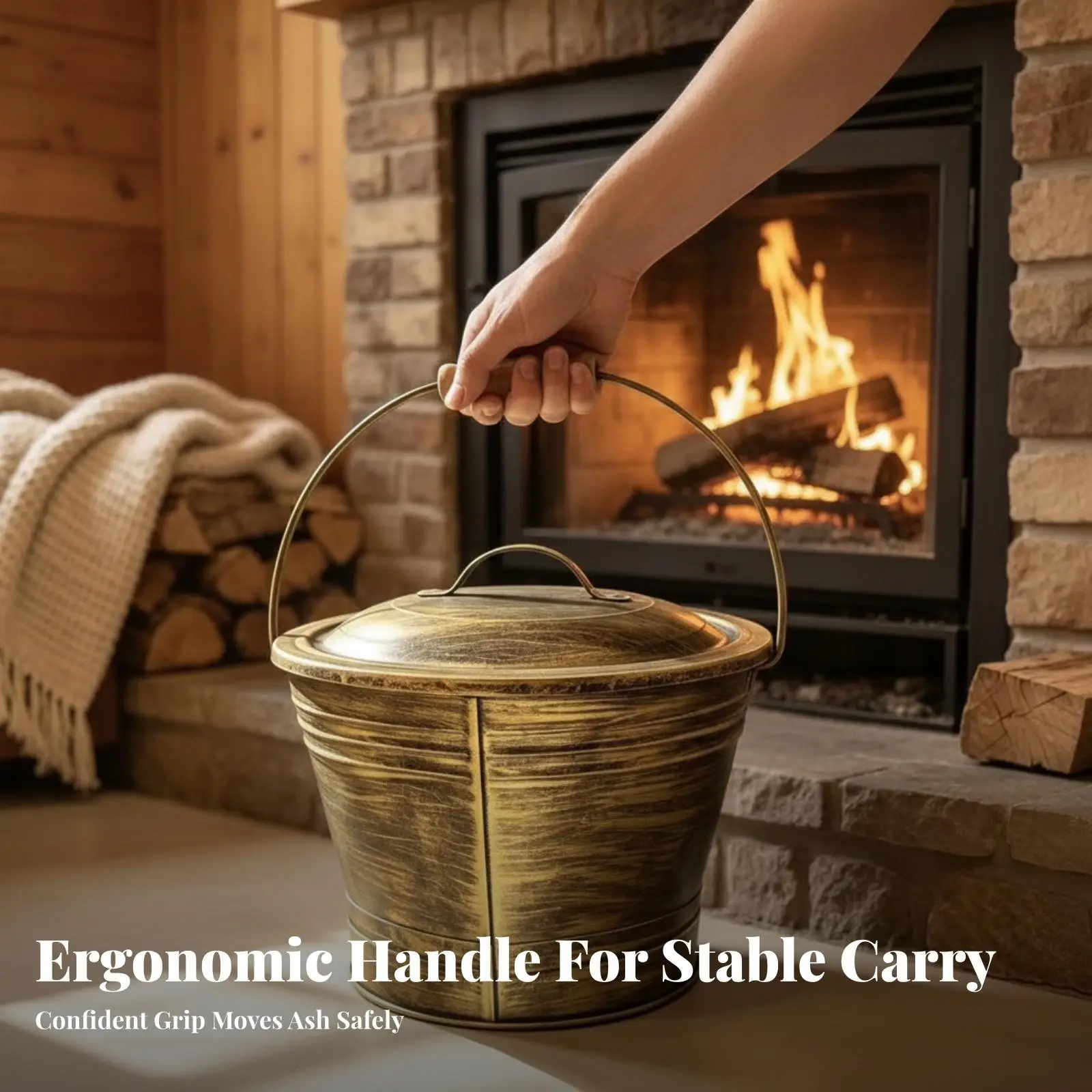 Iron Wood Fireplace Ash Bucket with Lid Antique Finish Carry Handle for Small Hearth Soot Container Home Accessory