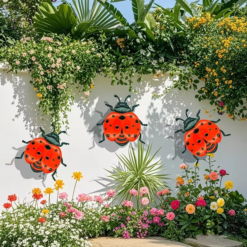 3pcs Metal Ladybug Wall Decor, Vibrant Garden Ornament for Indoor & Outdoor Use, Colorful Home Accents, Iron Craftsmanship, No E