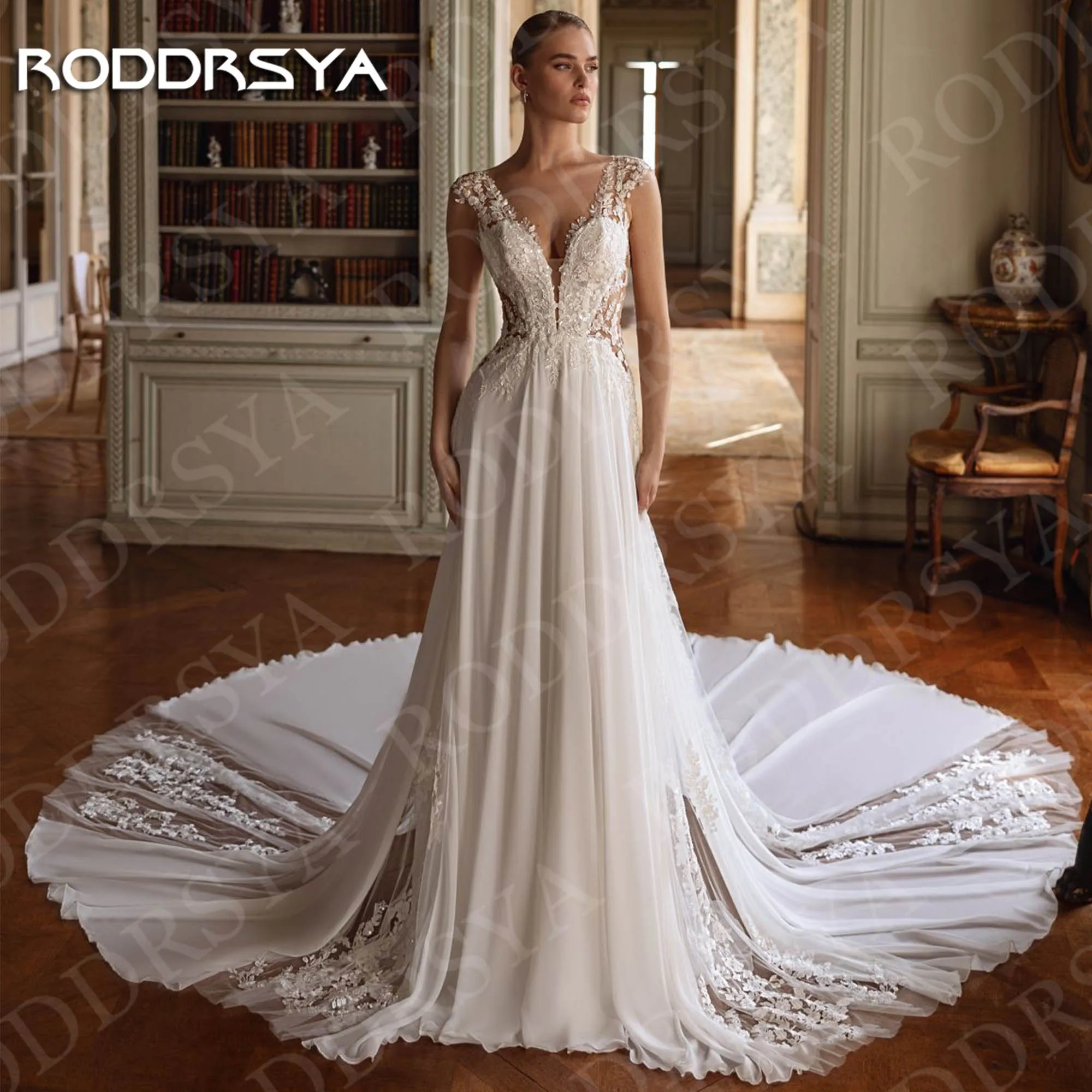 RODDRSYA Abiti da sposa Scollo a V Manica ad aletta Abiti da sposa personalizzati Abito da sposa in chiffon di pizzo bohemien A Line Donna Abiti da sposa V collo Cap manica abiti da sposa personalizzati Bohemian pizzo