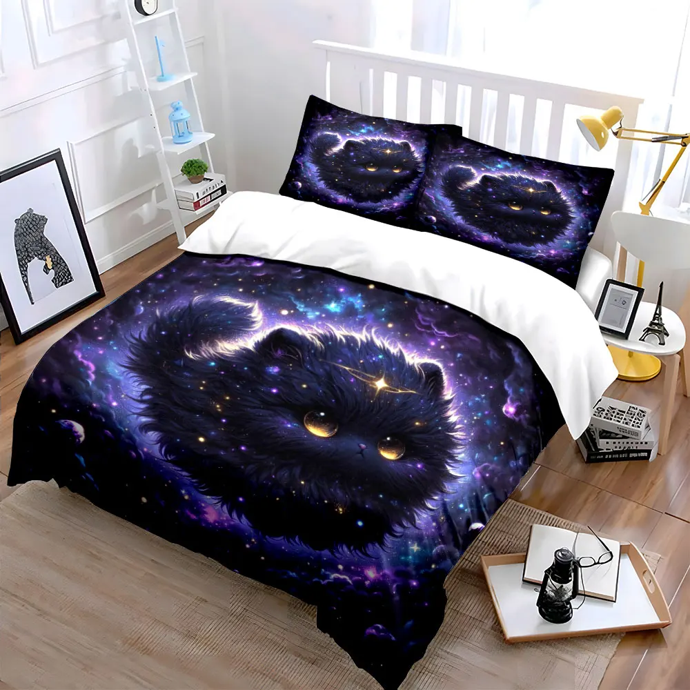Mystical cat in cosmic nebula Duvet Cover Set with 3D Printing Design Soft Polyester Bedding Set All-Season Comfort for gifts