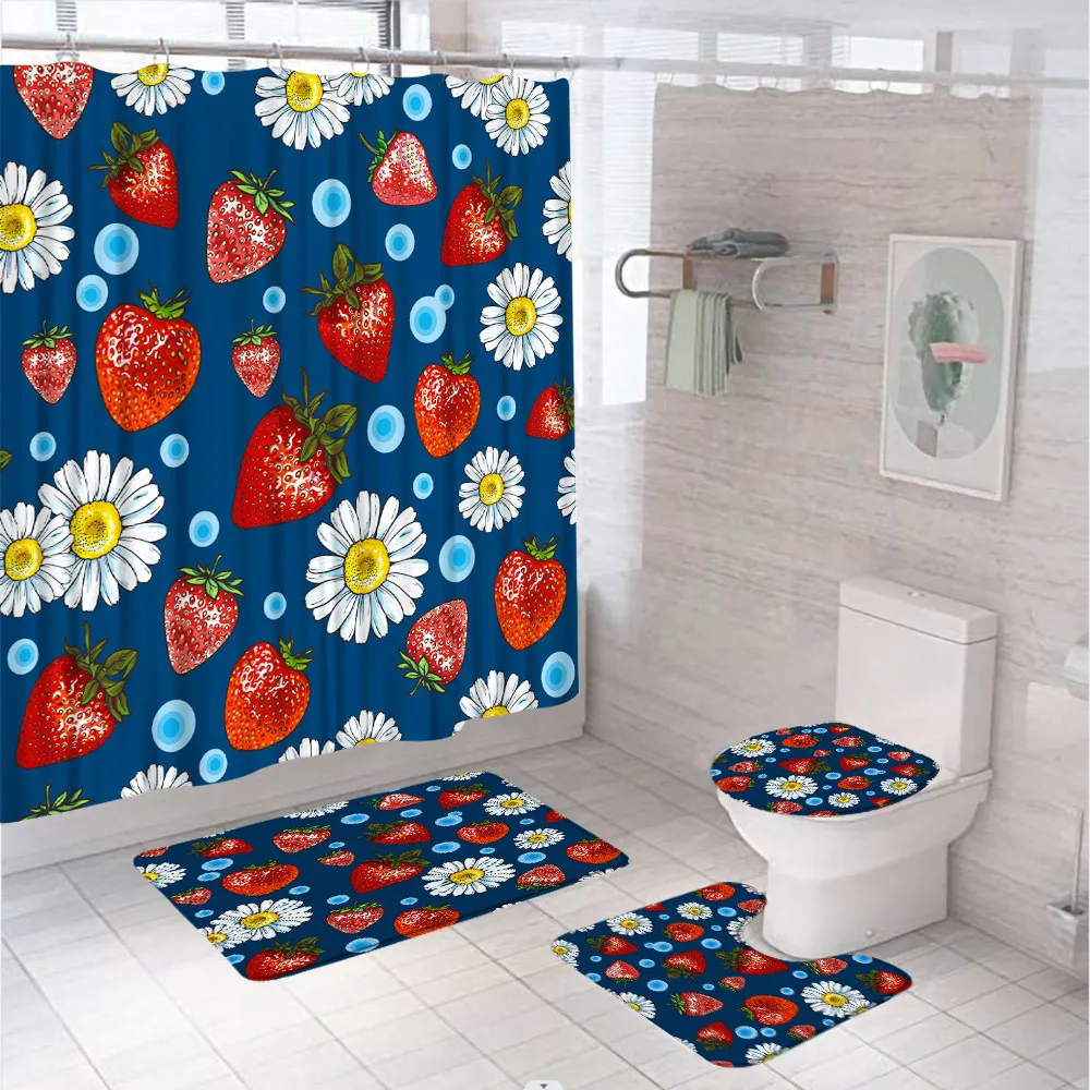 Lovely Strawberry Shower Curtain Set Modern Daisy Flower Fruit Bathroom Decor Curtain Anti-slip Bath Mat Toilet Cover Carpet Rug