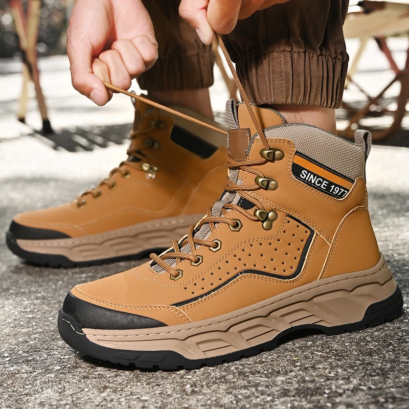 

High Top Work Shoes Men Ankle Boots Vintage Men's Boots Outdoor Non-slip Hiking Shoes Comfortable Tactical Trekking Footwear