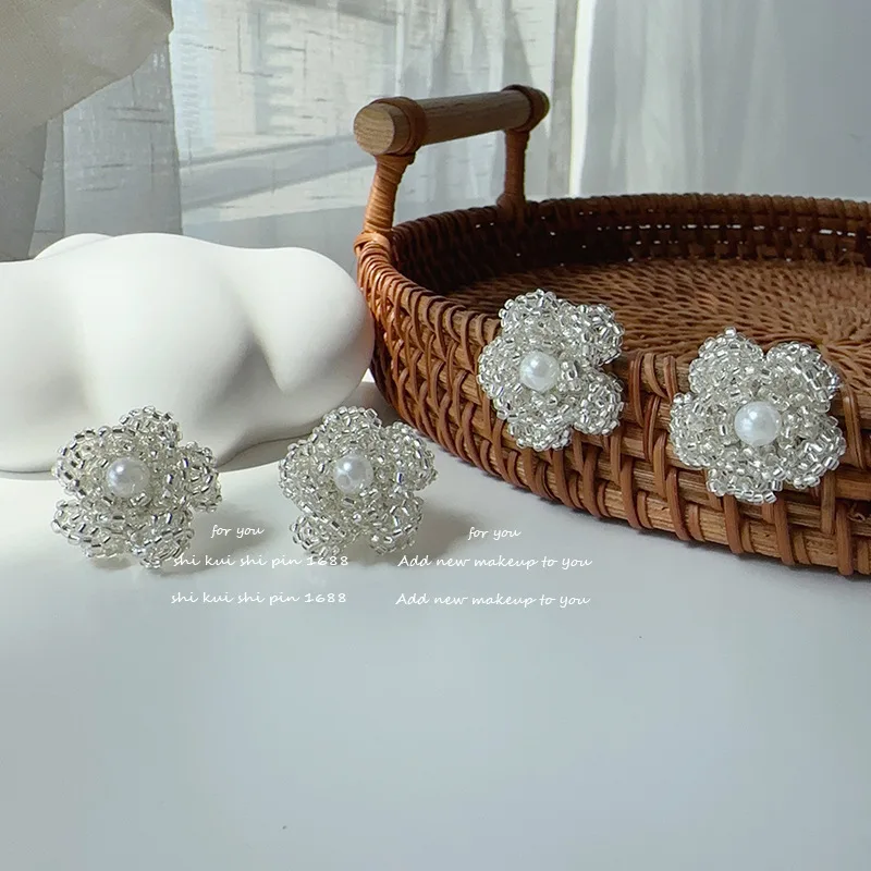 Thousand Gold Camellia Stud Earrings Women's Advanced Sense Three-dimensional Beaded Gentle And Sweet Earrings Handmade Ear Clip