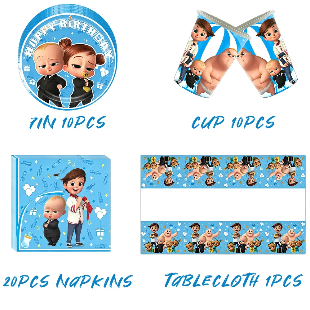 Boss Baby Cartoon Geburtstagsparty Dekorationen Hintergrundbanner Teller Becher Servietten Tischdecke Ballons Jungen Mädchen Party Babyparty – Detail 6