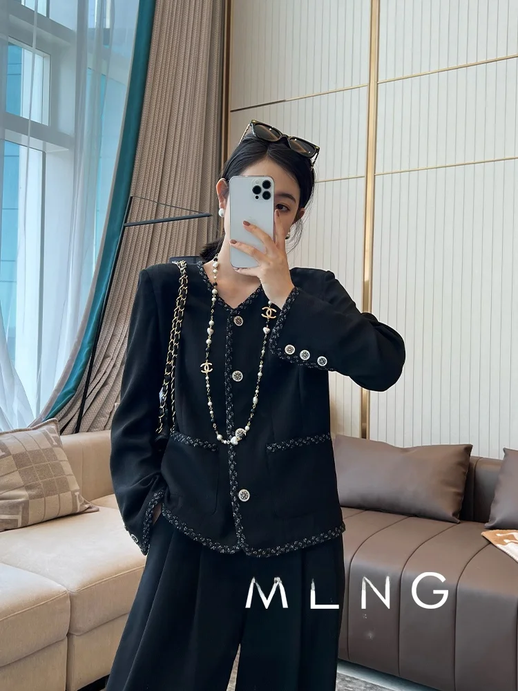 

the Meng Acetate Thi Tweed Weave Band High-End Small Fraance Sle Women's Spring Outerwear V-ne Long Sve Coat