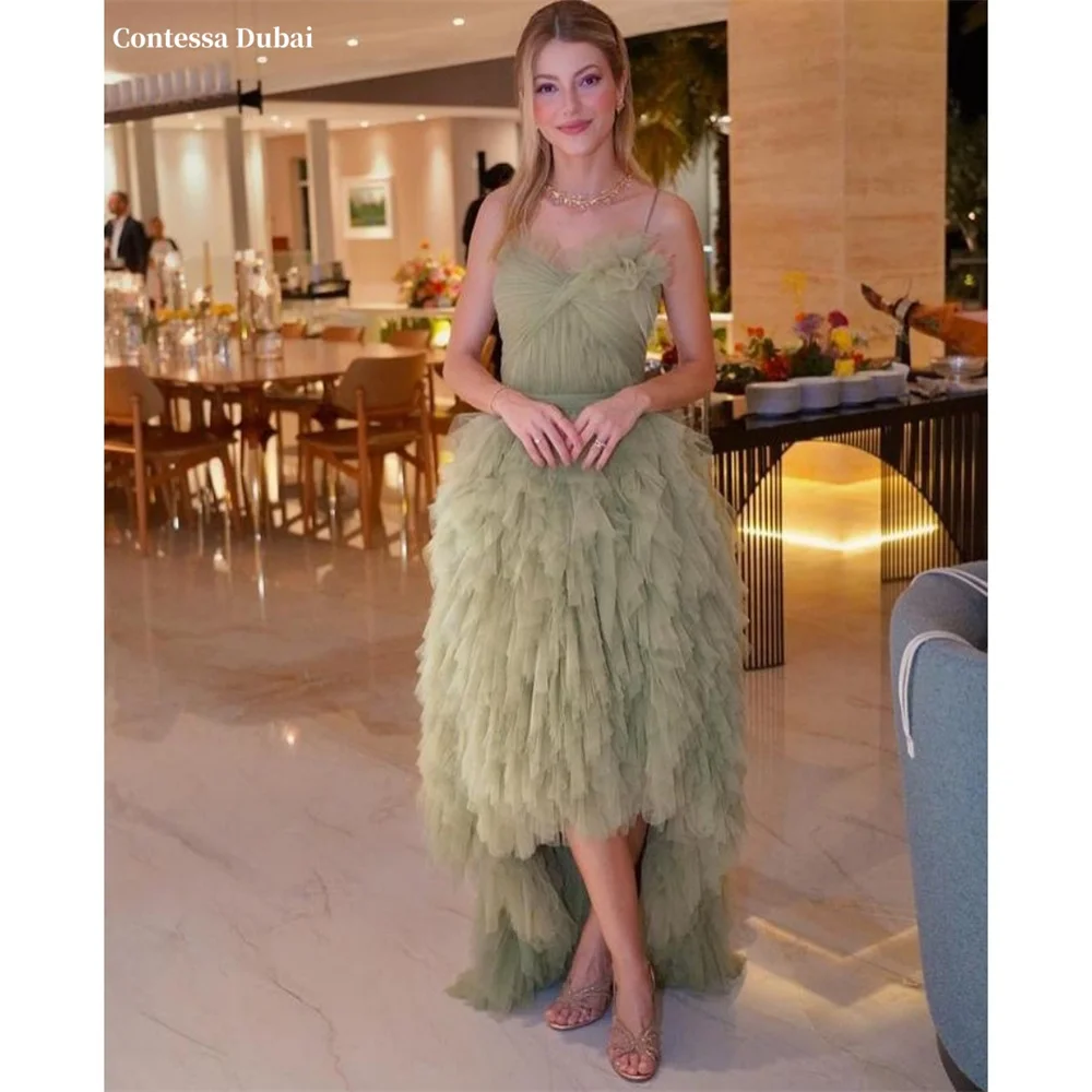 

Contessa Dubai Green 3D Flowers Tiered Ruffle Prom Dresses Lace-Up Customized فساتين سهرات Strapless Elegant robes de soirée
