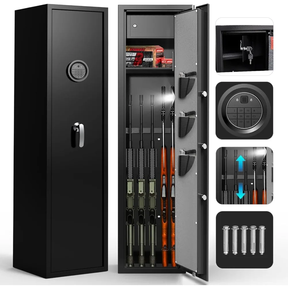 5 Gun Safe, Quick Access Biometric Rifle Safe with Extra Locker, Long Gun Safe for Rifles and Pistols with Anti Theft Alarm