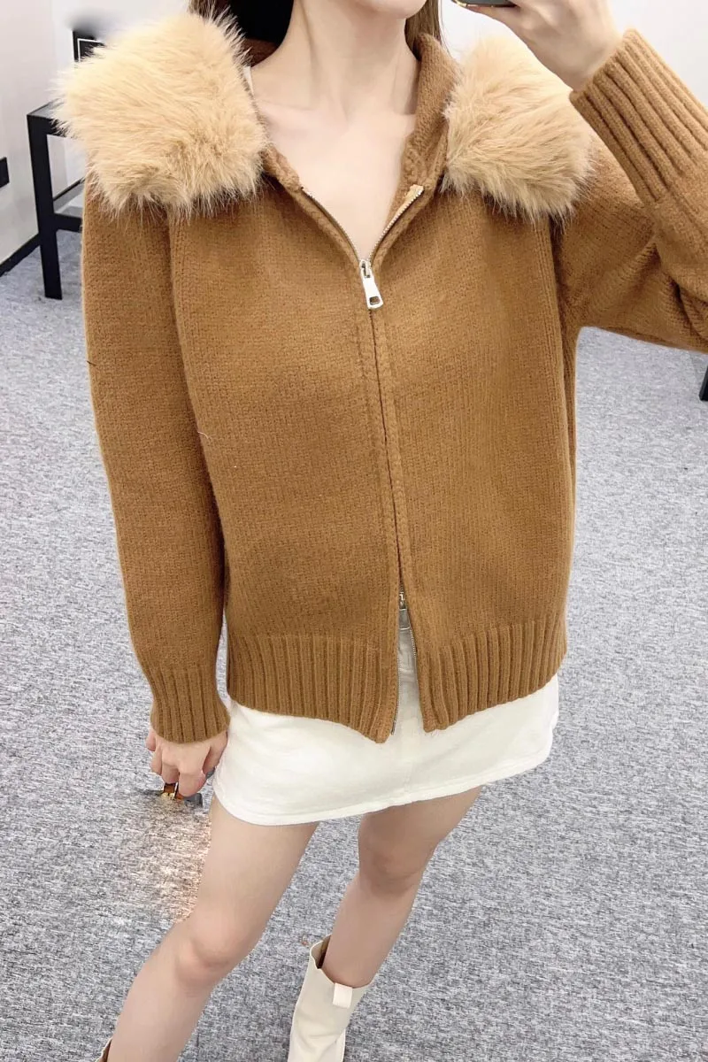 2024 Autumn New Women's Sweater Fashionable and Exquisite Girl Style Hooded Zipper Double Headed Cashmere Knitted Cardigan