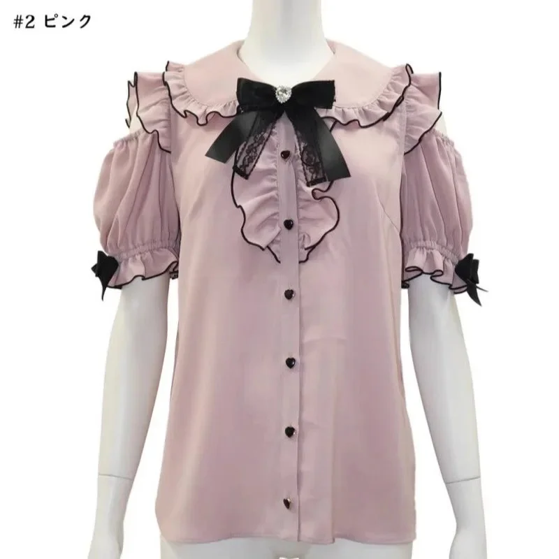 

Landmine Y2K Lace Tops&Tees Bow SC Japanese Sweet JK Cute Kawaii Shirt Off Shoulder Top Lolita Short Sleeve Shirt Top Tee New