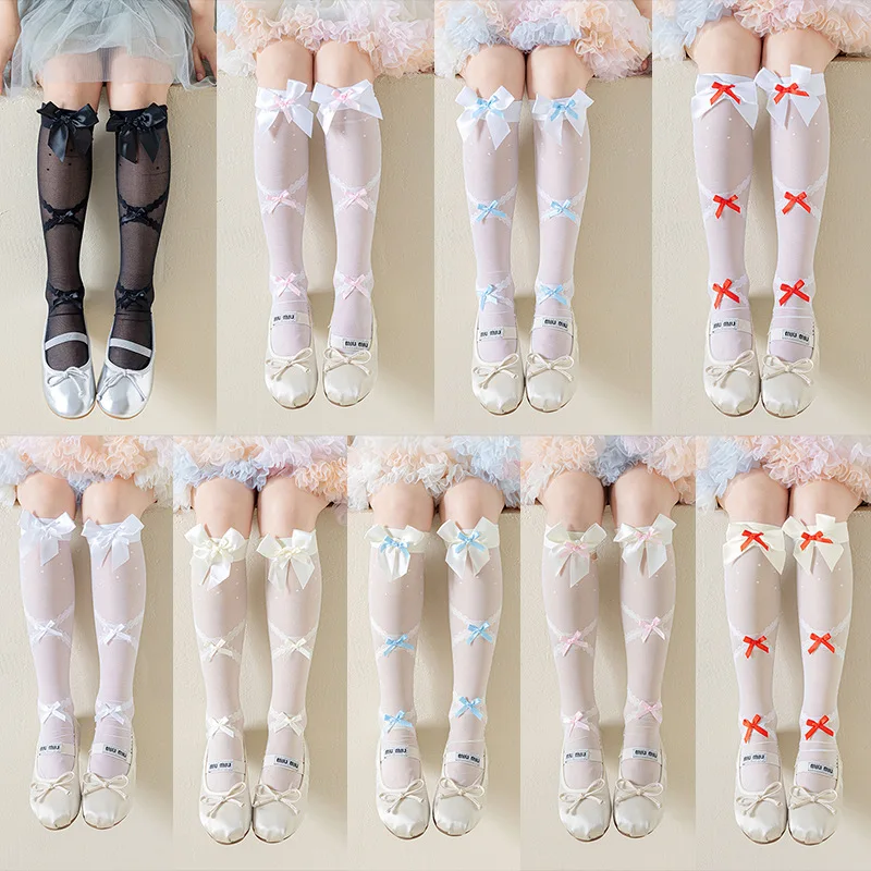 Children's Lolita Summer Lace Socks Sweet Candy Colored Ultra-thin Stockings Girl's Kids Cross Tie Pattern with Bow Silk Socks