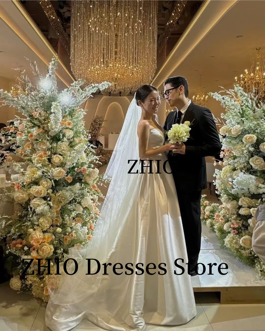 ZHIO Einfache Brautkleider, A-Linie, trägerlos, Satin, Korea, Fotoshooting, bodenlang, Brautkleider, Korsett, individuell anpassbar, elegant