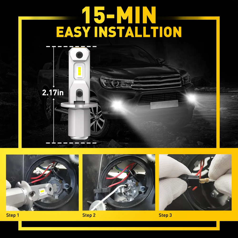 AUXITO 2Pcs Mini H3 LED Car Headlight Bulbs Fanless H3 LED Fog Light Bulb Yellow DRL Super Bright White Car Driving Lamp DC 12V