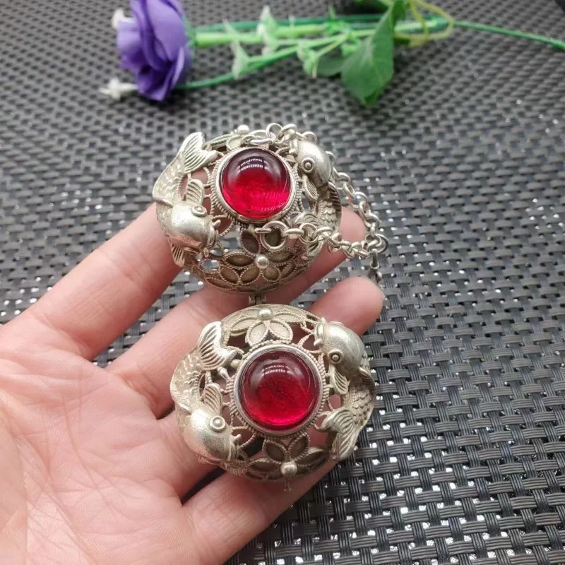 Vintage Hollow Ruby Double Fish Copper Incense Ball, Retro Hanging Incense Burner Home Decor Ornament
