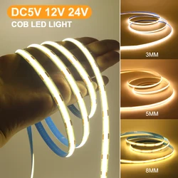 5V 12V światło pasek COB LED Ultra cienkie 3MM 5MM 8MM elastyczna taśma 320Leds/m RA90 ściemnialna ciepły naturalny zimny biały oświetlenie liniowe