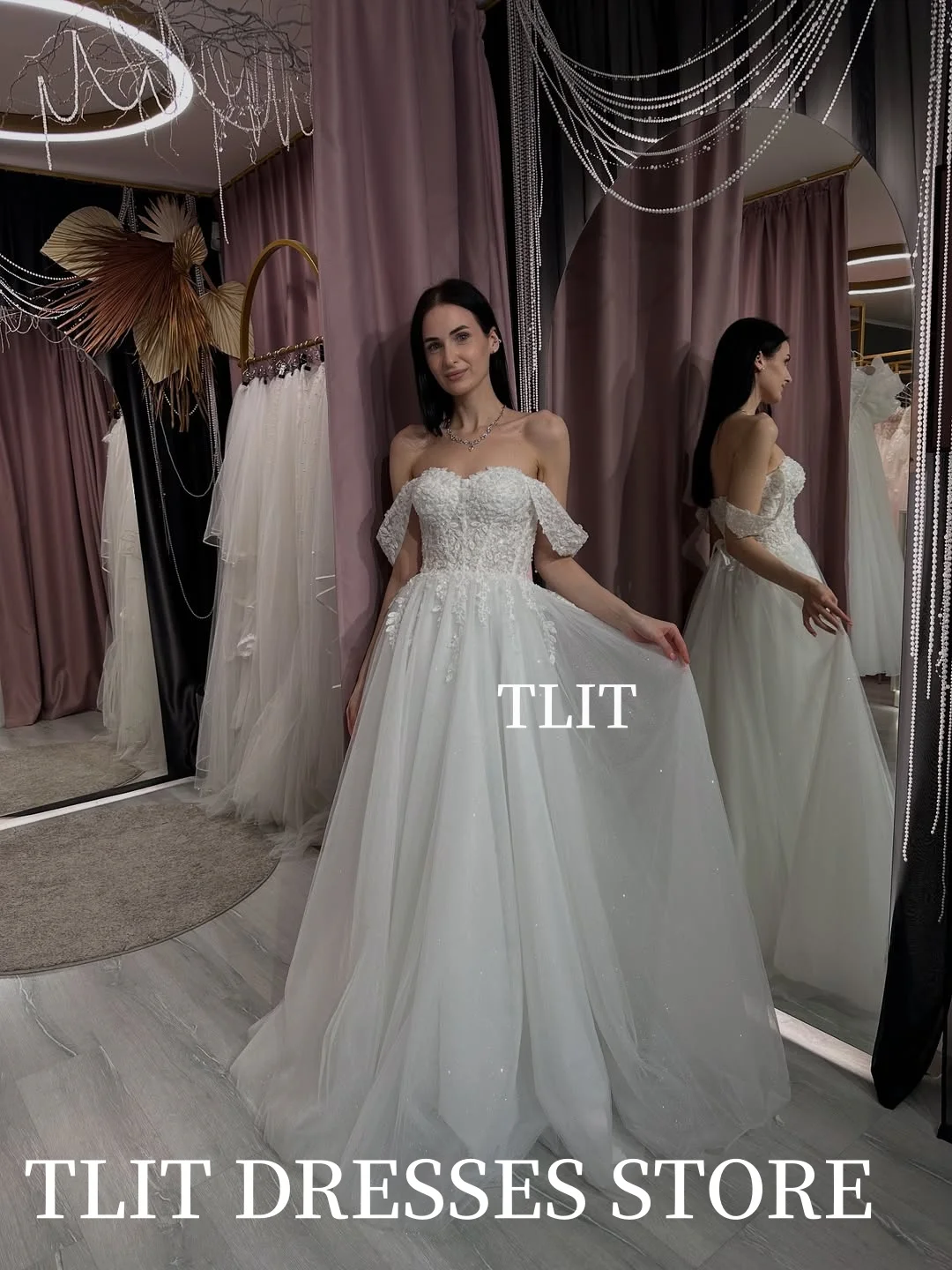 فساتين زفاف TLIT الفاخرة من التول الأبيض مخصصة على شكل قلب مزينة باللؤلؤ الكريستالي قبالة الكتف مشد زي العرائس #5