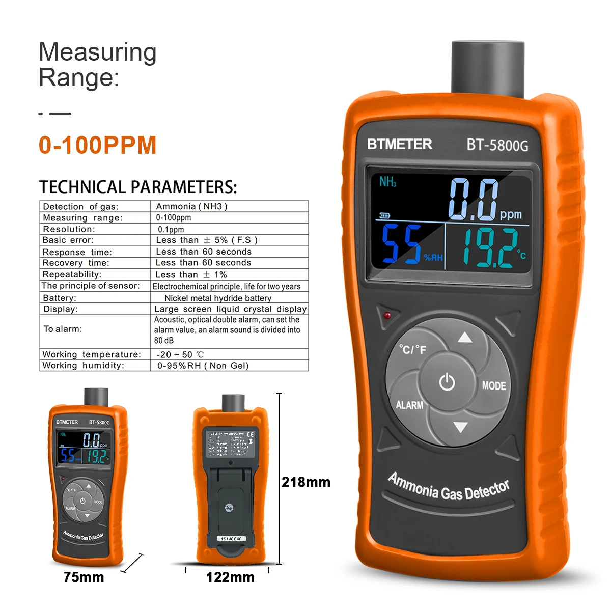 BTMETER Ammonia Gas Detector Sensor, Test for 0~100 PPM Nh3 Monitor Gauge with Temperature Humidity Tester (Orange) BT-5800G